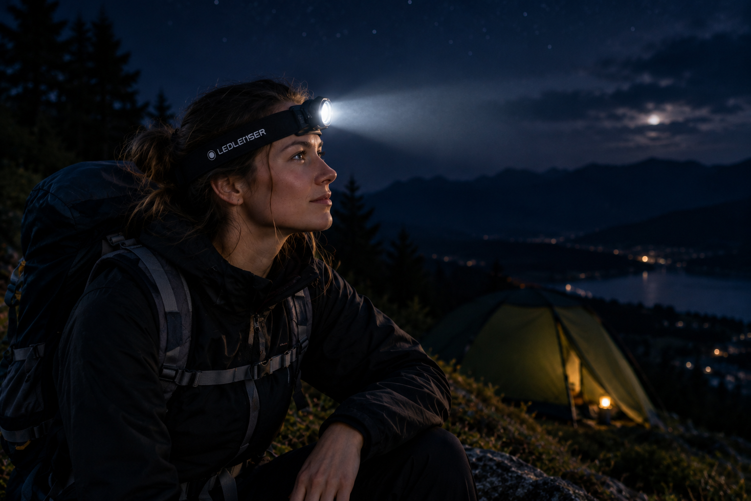 Ledlenser headlamp illuminating a dark room at night