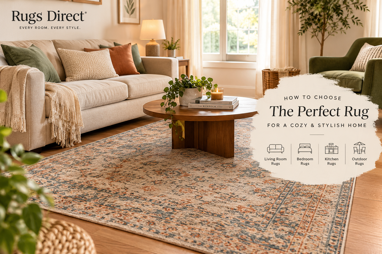 tylish area rug in a cozy living room with comfortable furniture